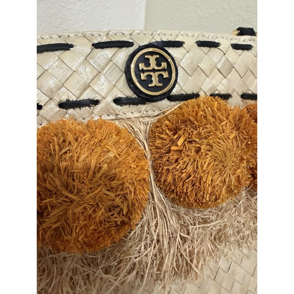 Tory Burch Pom Pom Straw Beach Basket Tote Women Handbag Pre-loved - Picture 3 of 16